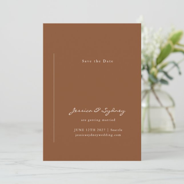 Minimalist Modern Sienna Brown Script Wedding Save The Date (Standing Front)