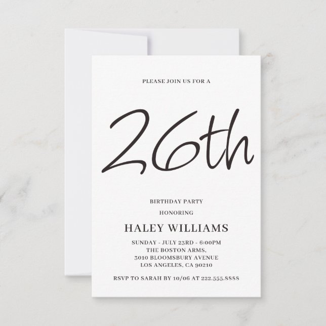 Minimalist Modern Simple Calligraphy 26th Birthday Invitation (Front)