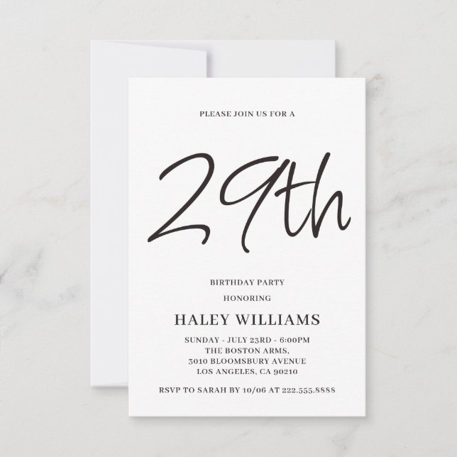 Minimalist Modern Simple Calligraphy 29th Birthday Invitation (Front)