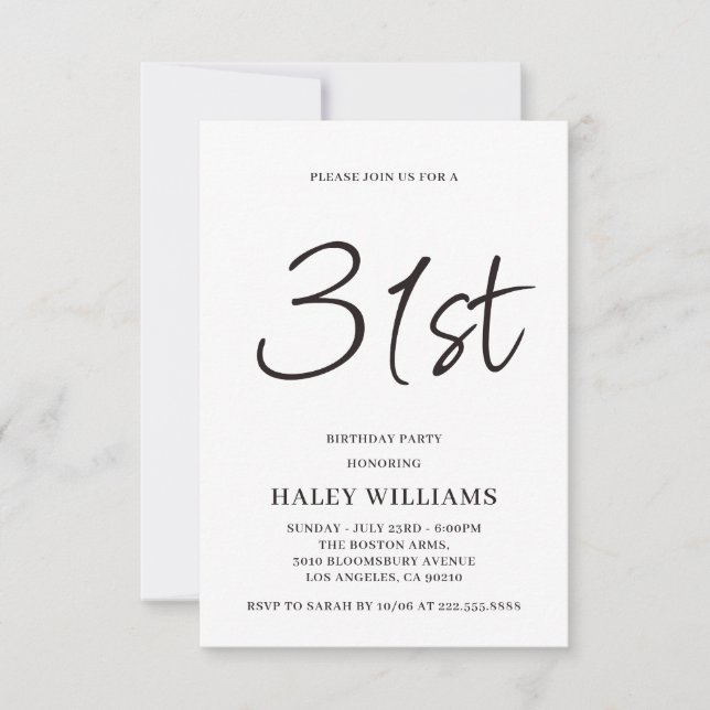 Minimalist Modern Simple Calligraphy 31st Birthday Invitation (Front)