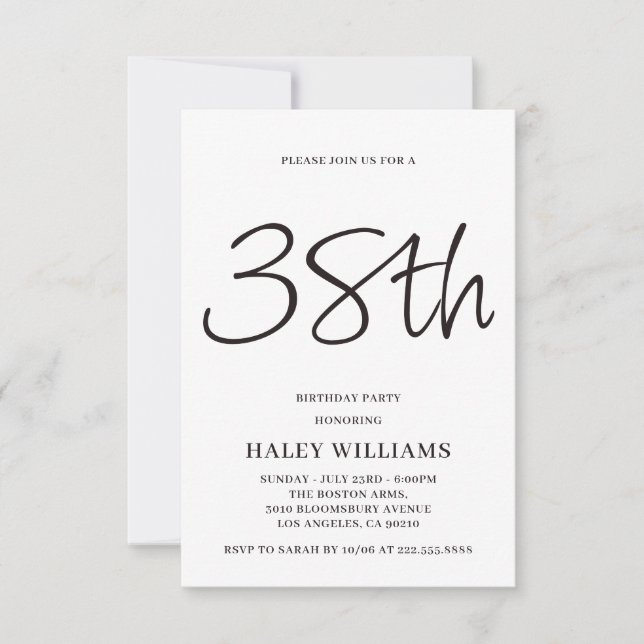 Minimalist Modern Simple Calligraphy 38th Birthday Invitation (Front)
