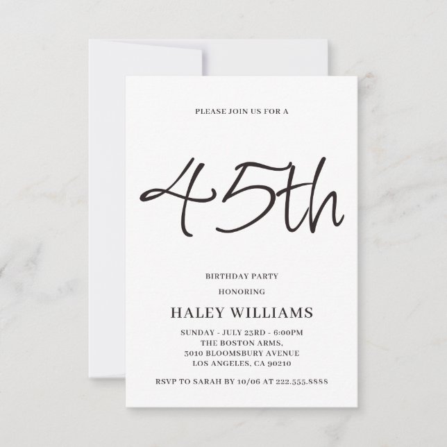 Minimalist Modern Simple Calligraphy 45th Birthday Invitation (Front)