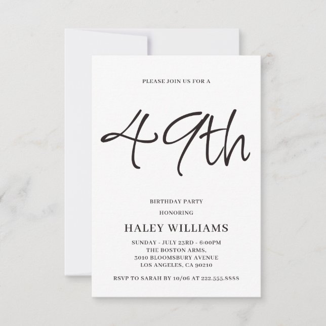 Minimalist Modern Simple Calligraphy 49th Birthday Invitation (Front)