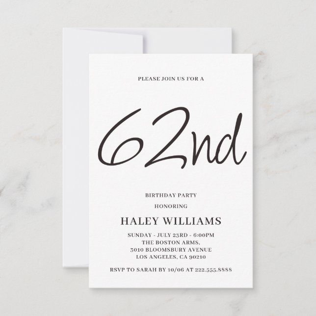 Minimalist Modern Simple Calligraphy 62nd Birthday Invitation (Front)