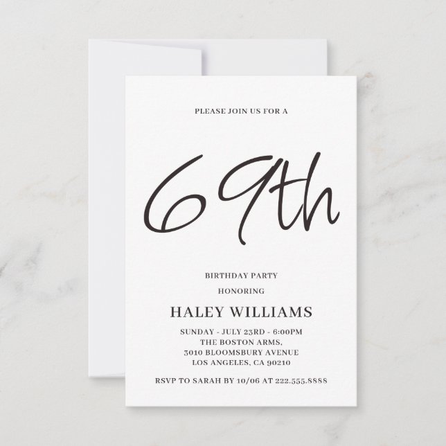Minimalist Modern Simple Calligraphy 69th Birthday Invitation (Front)
