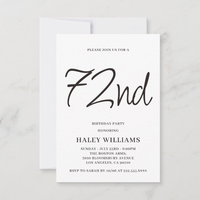 Minimalist Modern Simple Calligraphy 72nd Birthday Invitation (Front)