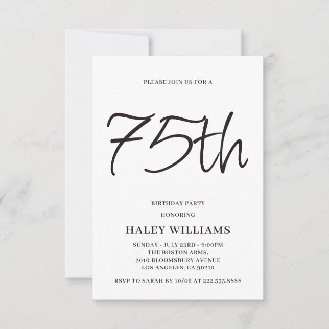 Minimalist Modern Simple Calligraphy 75th Birthday Invitation (Front)
