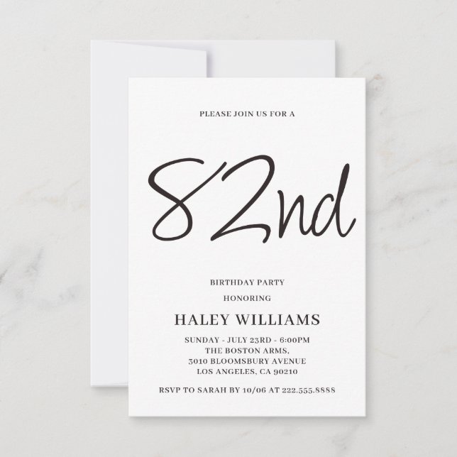 Minimalist Modern Simple Calligraphy 82nd Birthday Invitation (Front)