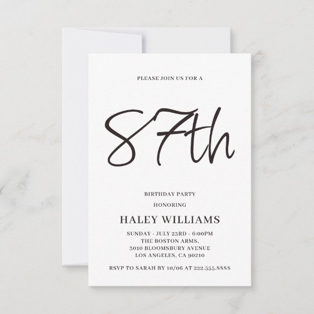 Minimalist Modern Simple Calligraphy 87th Birthday Invitation (Front)