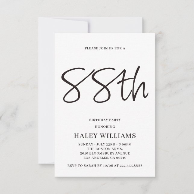 Minimalist Modern Simple Calligraphy 88th Birthday Invitation (Front)