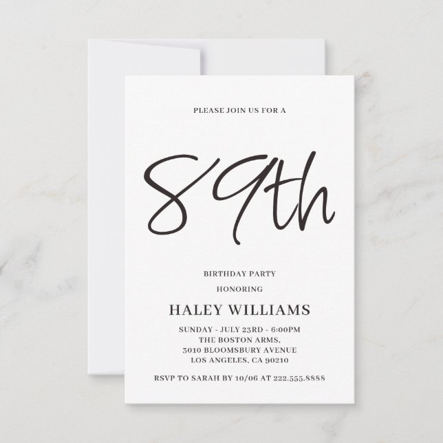Minimalist Modern Simple Calligraphy 89th Birthday Invitation (Front)