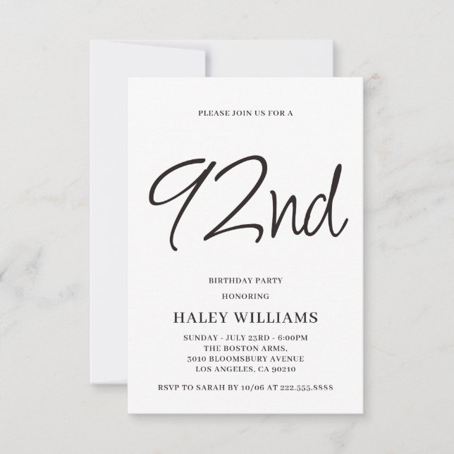Minimalist Modern Simple Calligraphy 92nd Birthday Invitation (Front)