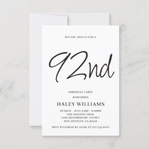 Minimalist Modern Simple Calligraphy 92nd Birthday Invitation