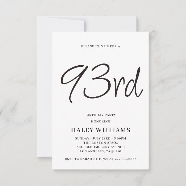 Minimalist Modern Simple Calligraphy 93rd Birthday Invitation (Front)