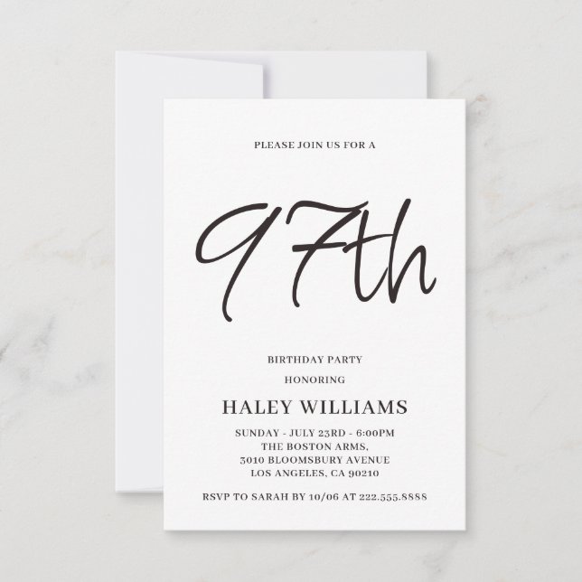 Minimalist Modern Simple Calligraphy 97th Birthday Invitation (Front)