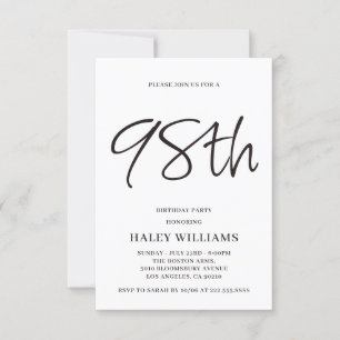 Minimalist Modern Simple Calligraphy 98th Birthday Invitation