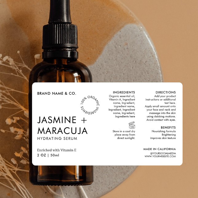 Minimalist Modern Simple Cosmetic Dropper Bottle (Modern cosmetic bottle label design in black & white with space for ingredients)