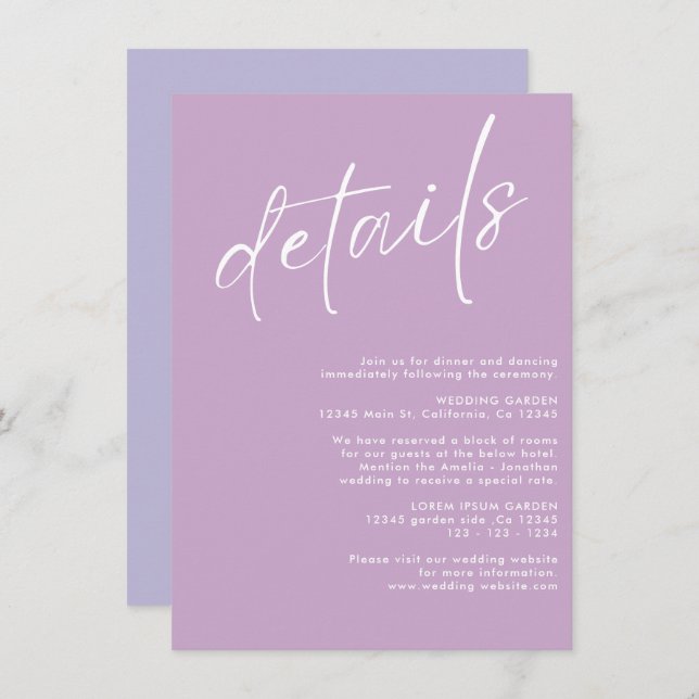 Minimalist modern  simple Lavender wedding details Enclosure Card (Front/Back)