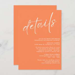 Minimalist modern  simple orange wedding details enclosure card