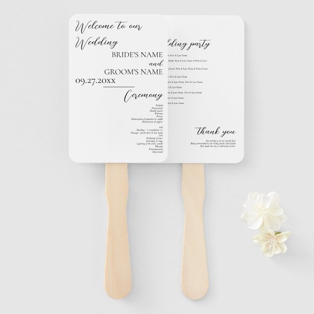 Minimalist Modern Simple Wedding Program Hand Fan (Front and Back)