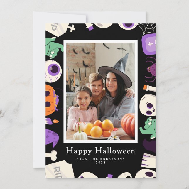 Minimalist Modern Spooky Happy Halloween 1 Photo Holiday Card (Front)