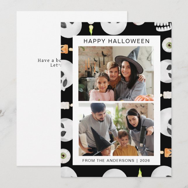 Minimalist Modern Spooky Happy Halloween 2 Photo Holiday Card (Front/Back)