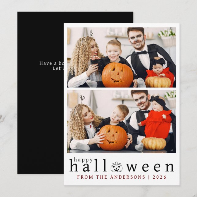 Minimalist Modern Spooky Happy Halloween 2 Photo Holiday Card (Front/Back)