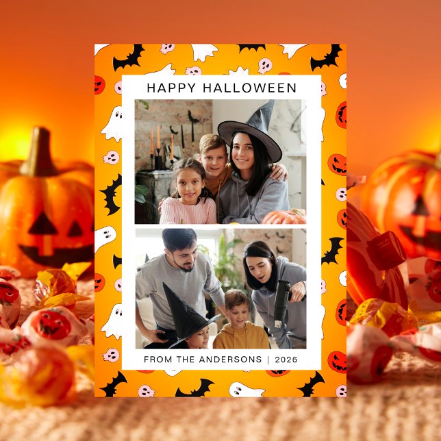 Minimalist Modern Spooky Happy Halloween 2 Photo Holiday Card (Creator Uploaded)