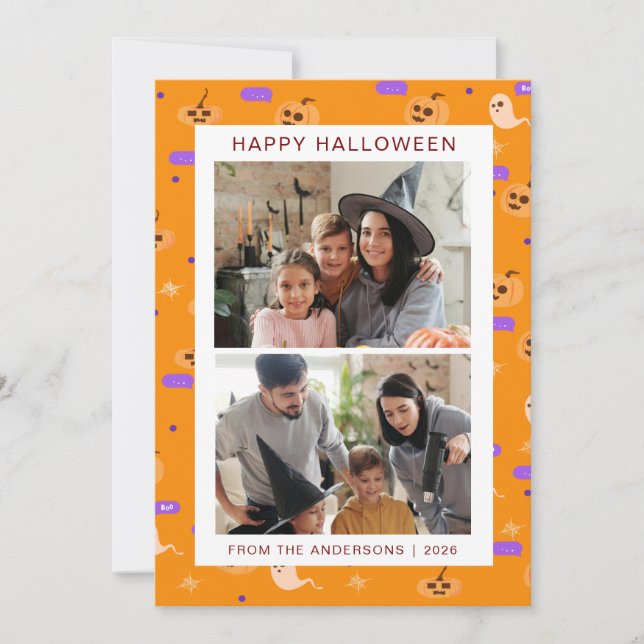 Minimalist Modern Spooky Happy Halloween 2 Photo Holiday Card (Front)