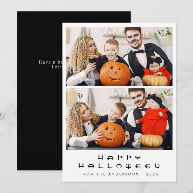 Minimalist Modern Spooky Happy Halloween 2 Photo Holiday Card (Front/Back)