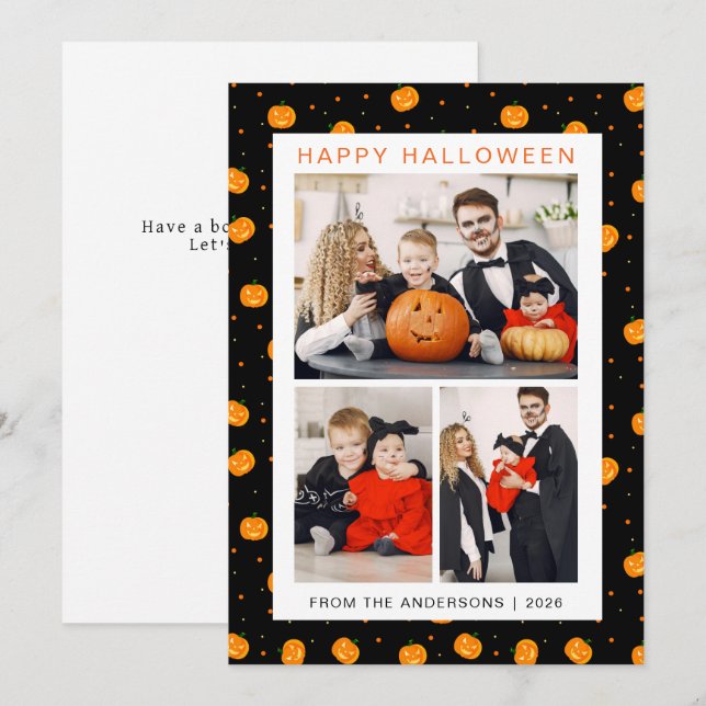Minimalist Modern Spooky Happy Halloween 3 Photo Holiday Card (Front/Back)