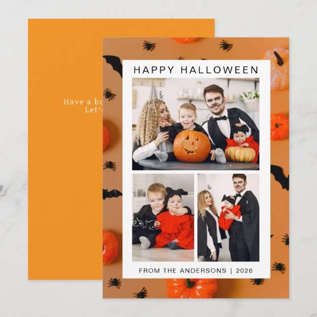 Minimalist Modern Spooky Happy Halloween 3 Photo Holiday Card (Front/Back)