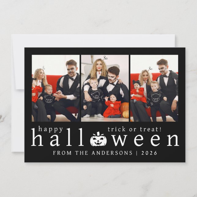 Minimalist Modern Spooky Happy Halloween 3 Photo Holiday Card (Front)
