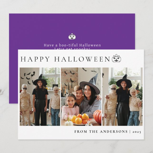 Minimalist Modern Spooky Happy Halloween 3 Photo Holiday Card (Front/Back)