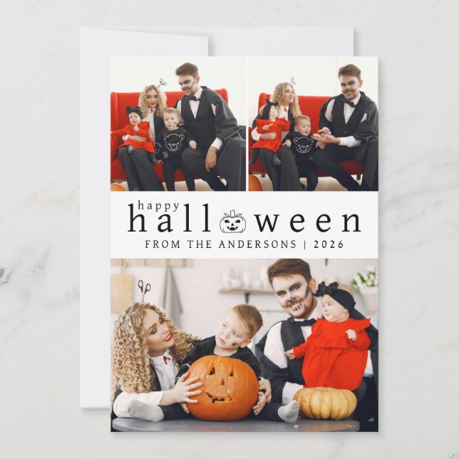Minimalist Modern Spooky Happy Halloween 3 Photo Holiday Card (Front)
