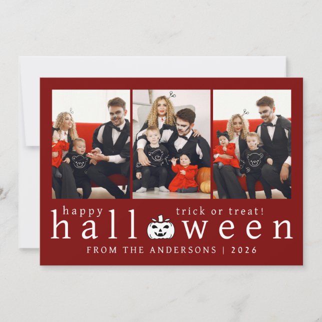 Minimalist Modern Spooky Happy Halloween 3 Photo Holiday Card (Front)