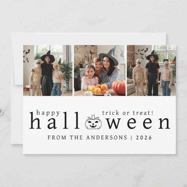 Minimalist Modern Spooky Happy Halloween 3 Photo Holiday Card (Front)