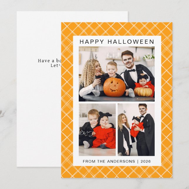 Minimalist Modern Spooky Happy Halloween 3 Photo Holiday Card (Front/Back)