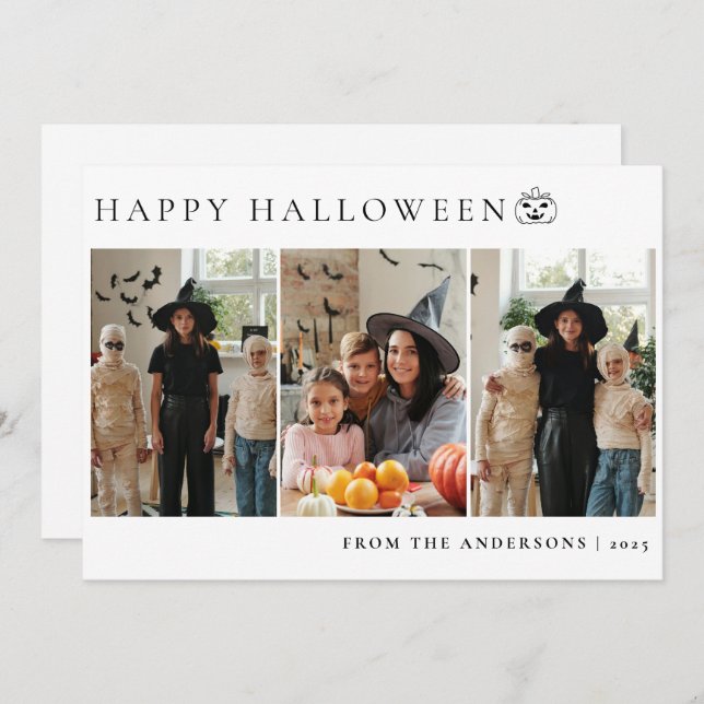 Minimalist Modern Spooky Happy Halloween 3 Photo Holiday Card (Front/Back)