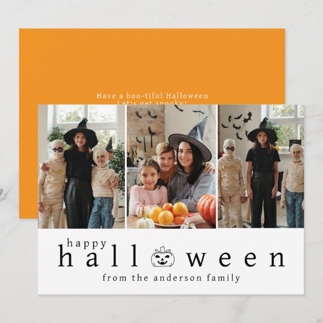 Minimalist Modern Spooky Happy Halloween 3 Photo Holiday Card (Front/Back)