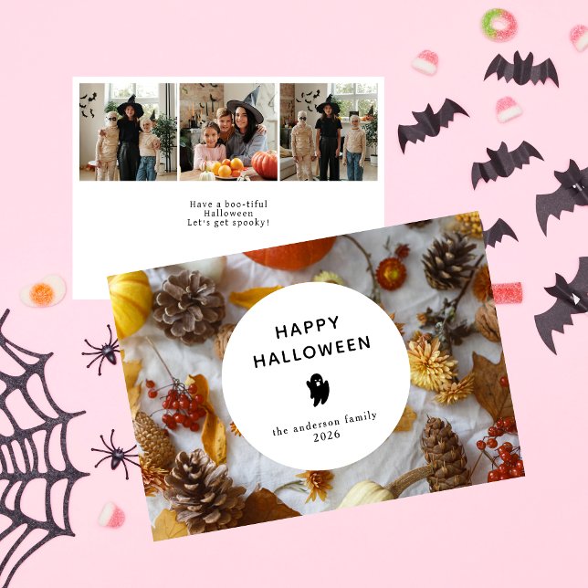 Minimalist Modern Spooky Happy Halloween 3 Photo Holiday Card (Creator Uploaded)
