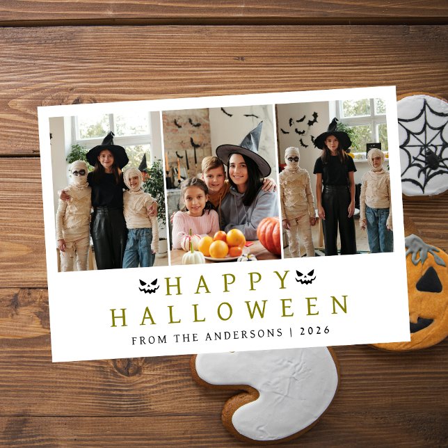 Minimalist Modern Spooky Happy Halloween 3 Photo Holiday Card (Creator Uploaded)
