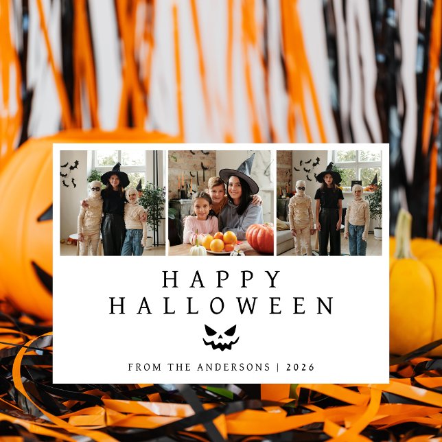 Minimalist Modern Spooky Happy Halloween 3 Photo Holiday Card (Creator Uploaded)