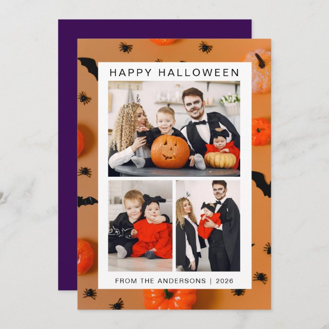 Minimalist Modern Spooky Happy Halloween 3 Photo Holiday Card (Front/Back)