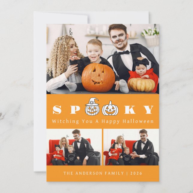 Minimalist Modern Spooky Happy Halloween 3 Photo Holiday Card (Front)