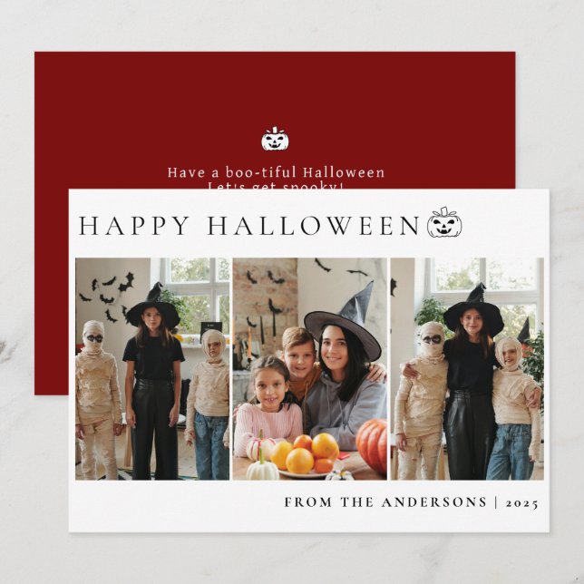 Minimalist Modern Spooky Happy Halloween 3 Photo Holiday Card (Front/Back)