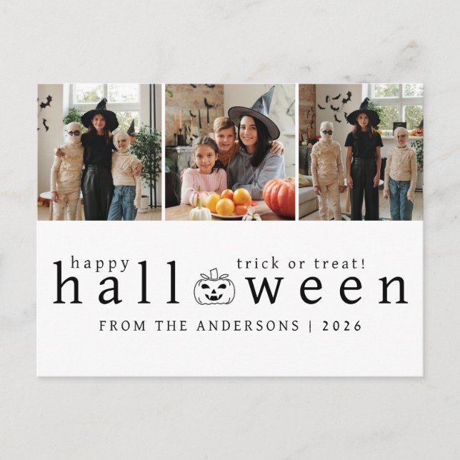 Minimalist Modern Spooky Happy Halloween 3 Photo Holiday Postcard (Front)