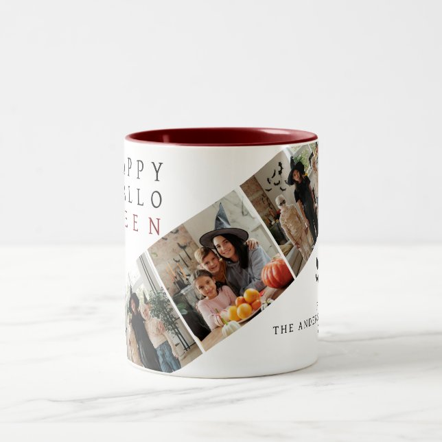 Minimalist Modern Spooky Happy Halloween 3 Photo Two-Tone Coffee Mug (Center)