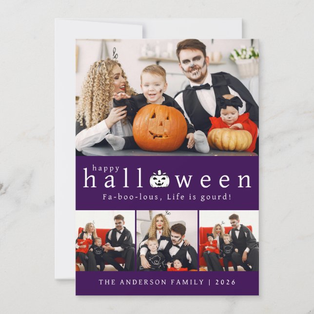 Minimalist Modern Spooky Happy Halloween 4 Photo Holiday Card (Front)