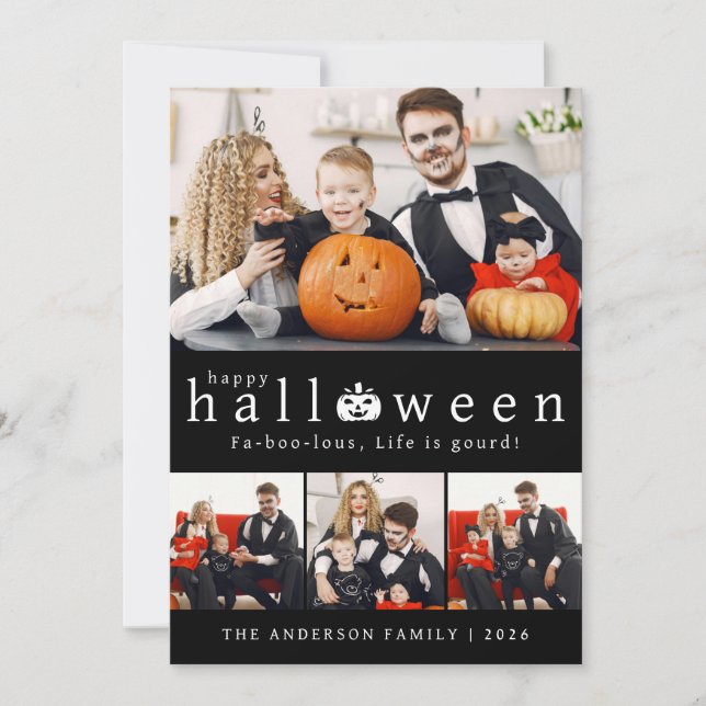 Minimalist Modern Spooky Happy Halloween 4 Photo Holiday Card (Front)
